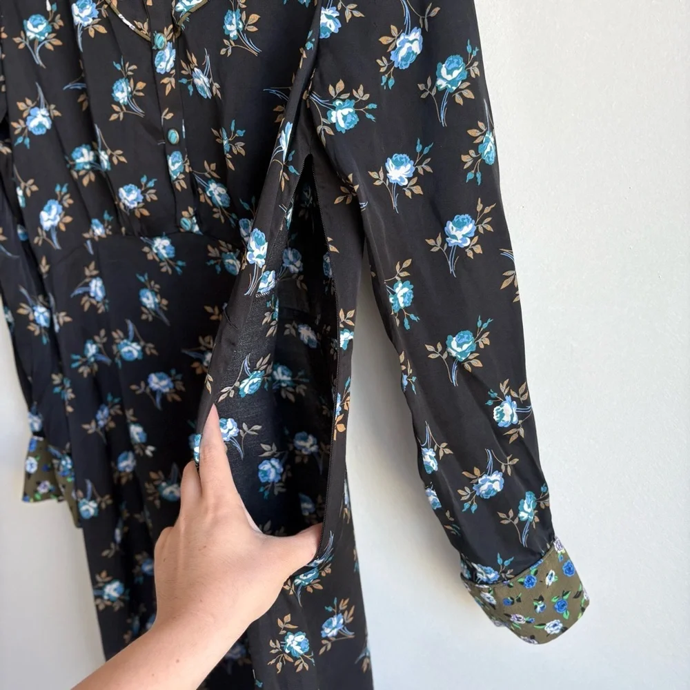 Sandro Paris Black Floral Button-Front Satin Dress- Size 38 (US 6) 100% Viscose - Picture 13 of 14